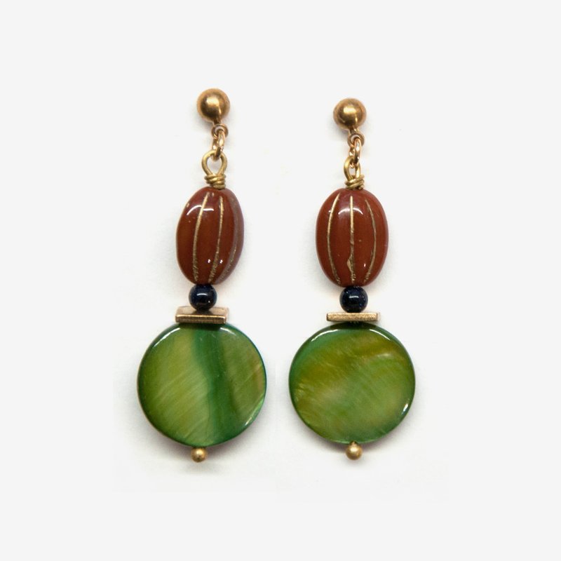 砖红深绿贝壳耳环 耳针/耳夹 - 耳环/耳夹 - 宝石 绿色