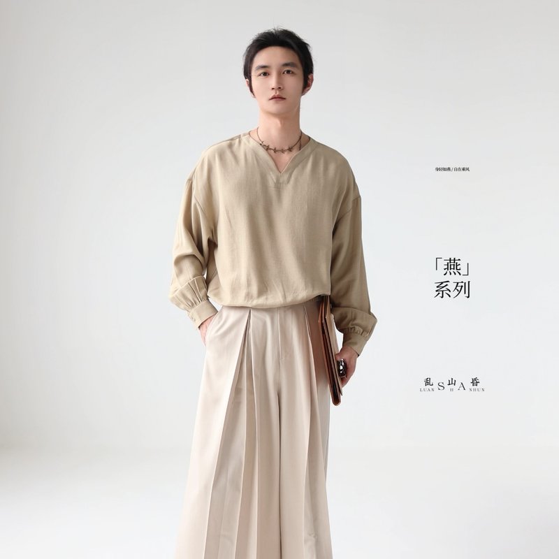 乱山昏燕新中式国风原创浅卡其轻薄通勤套头长袖衬衫男百搭 - 男装衬衫 - 其他材质 