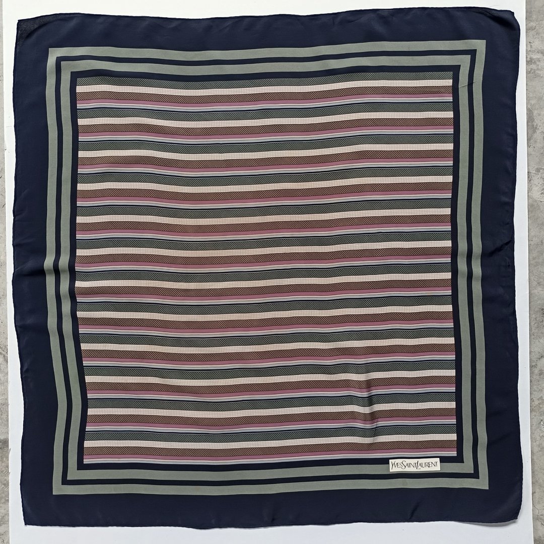 复古 Yves Saint Laurent 条纹丝巾，30 x 30 英寸，100% 真丝丝巾 - 丝巾 - 丝．绢 蓝色
