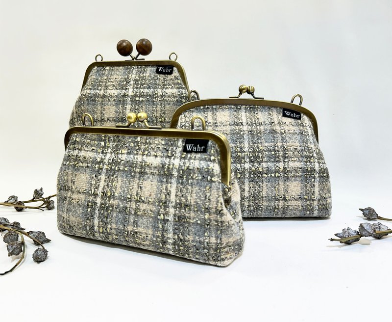 米粒 豆豆口金包 方型口金包 手拿包 手机包 肩背包 随身包 - 侧背包/斜挎包 - 棉．麻 灰色