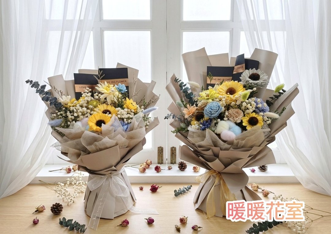 ll 盛夏晴空 ll 向日葵蓝调索拉花束 - 干燥花/捧花 - 植物．花 卡其色