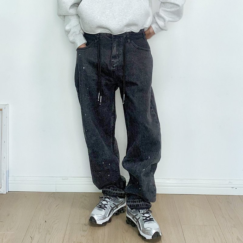 7AB 日系复古做旧水洗抽绳甩漆宽松直筒牛仔长裤 - 男士长裤 - 棉．麻 