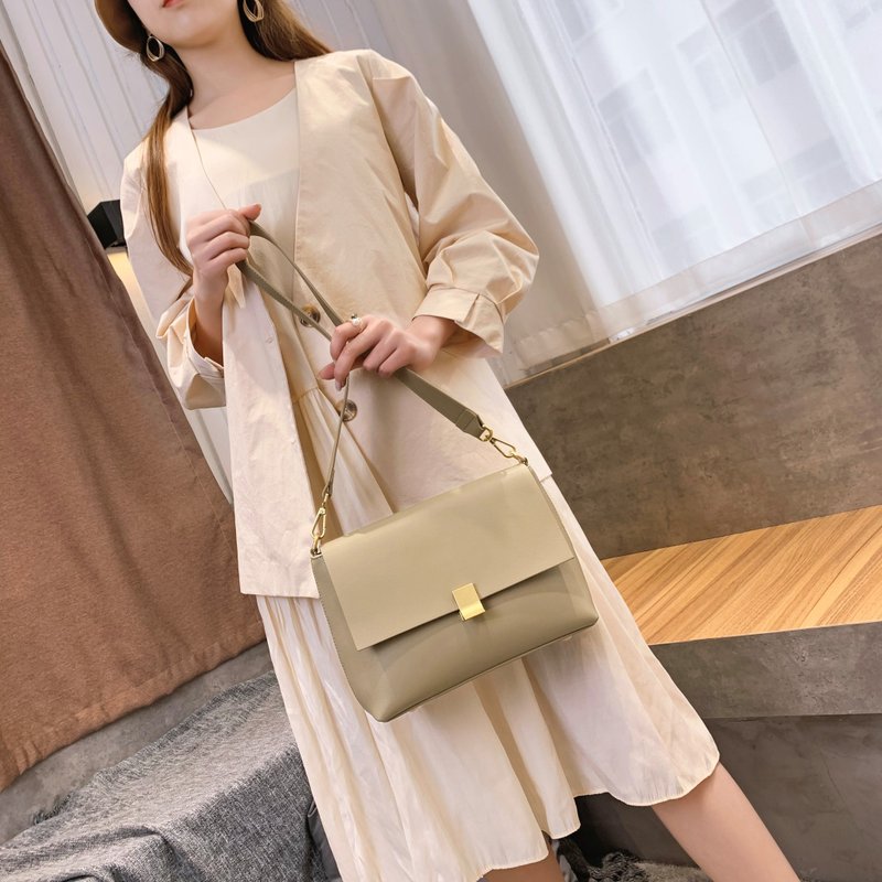 Hakken 气质侧背包 小方包 真皮 侧肩包 单肩包 牛皮 杏仁色 - 侧背包/斜挎包 - 真皮 咖啡色