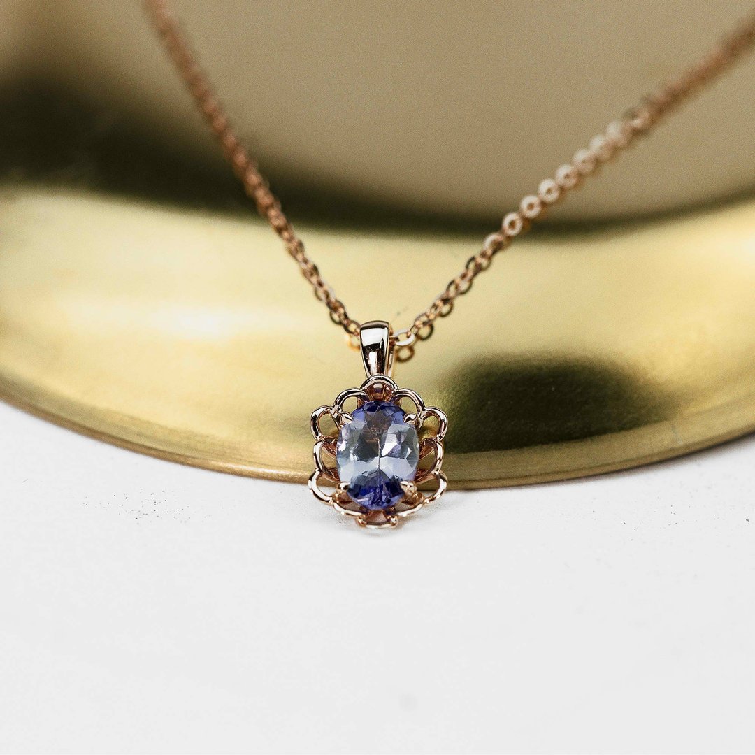 【PurpleMay Jewellery】纯18K黄金镶嵌坦桑石复古花卉吊坠-P065 - 项链 - 宝石 蓝色