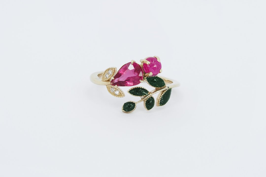 14k floral gold ring with Enamel Leaves with tourmaline, ruby diamonds. - 戒指 - 贵金属 金色
