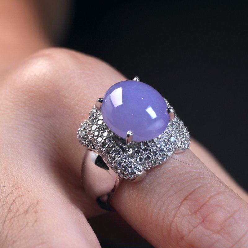 冰种紫罗兰翡翠蛋面戒指PT900白金钻石 | 天然缅甸翡翠A货 | 送礼 - 戒指 - 玉石 紫色
