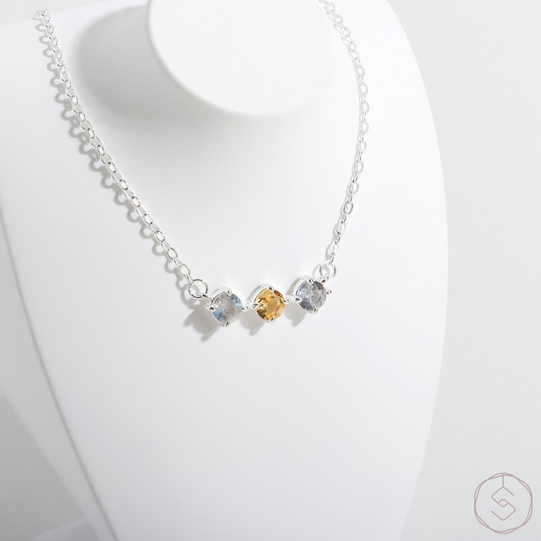 缪思 MUSE | 拉长石 黄水晶 S925 纯银 | 双色三钻项链 - 项链 - 水晶 多色