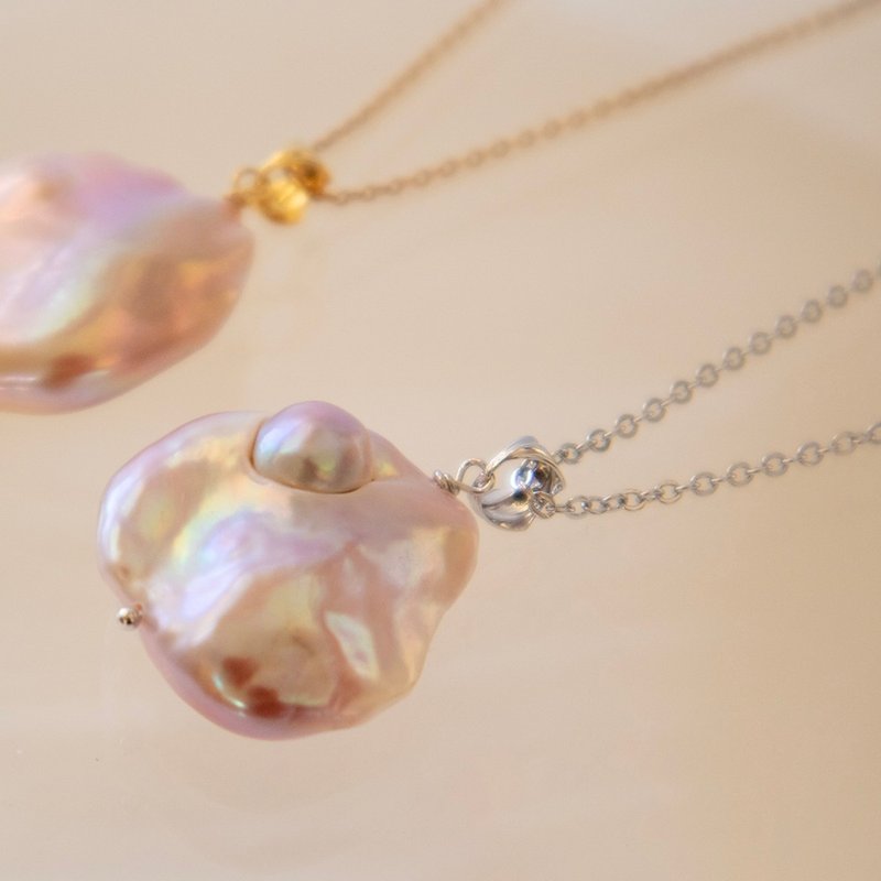 粗项链/巴洛克珍珠/银色 - 吊饰 - 珍珠 粉红色