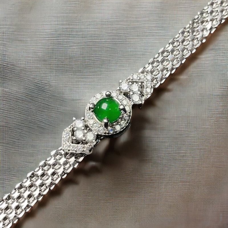 冰种老坑绿翡翠蛋面手链 925纯银 | 天然翡翠A货 | 送礼 - 手链/手环 - 玉石 绿色