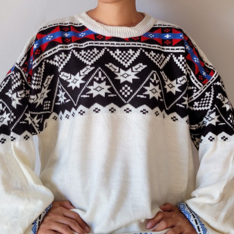 BajuTua /古着/ 东欧传统几何图腾 中性风针织衫 - 男装针织衫/毛衣 - 压克力 白色