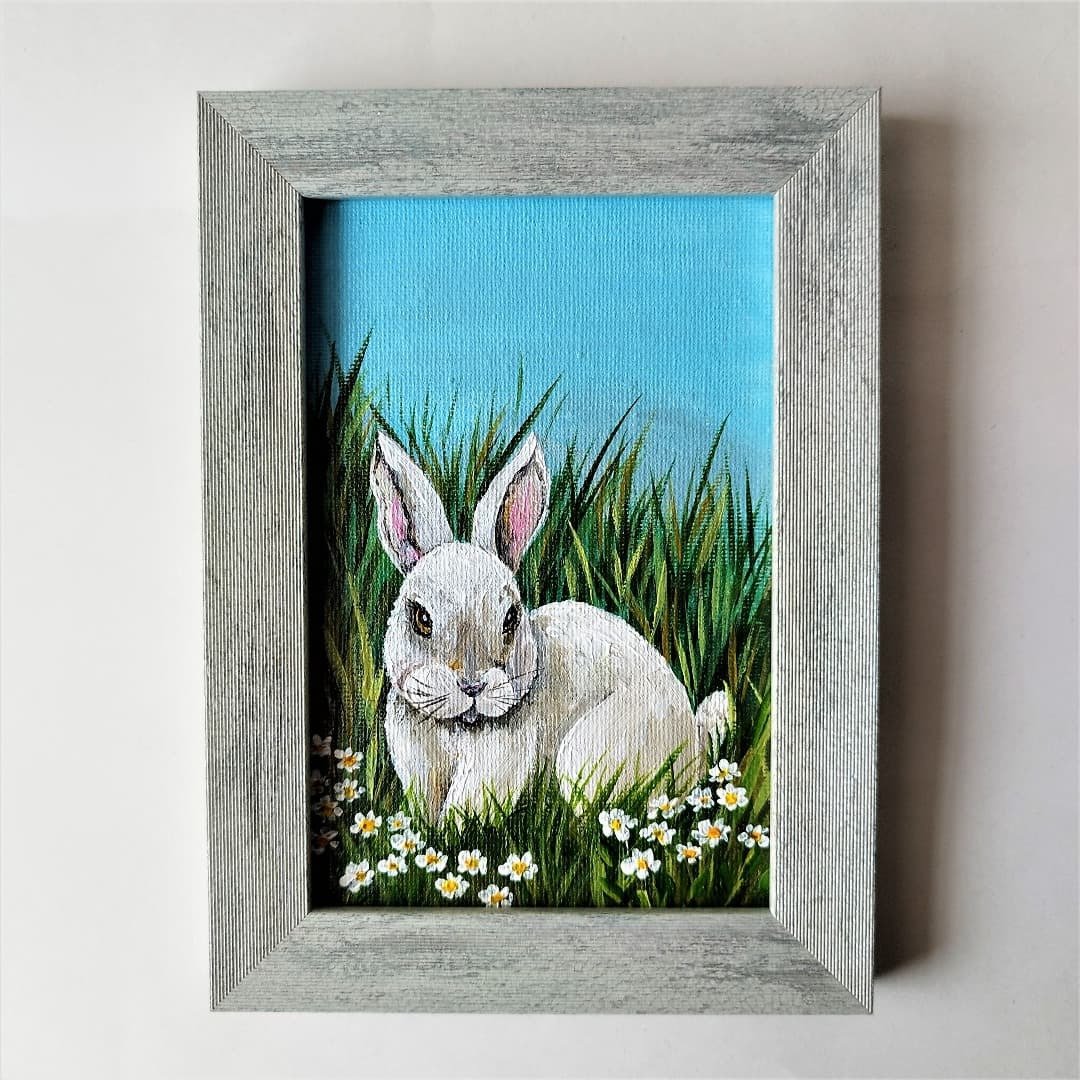 White Rabbit Painting Animal Artwork Wall Decoration Portrait of a baby rabbit - 墙贴/壁贴 - 压克力 多色