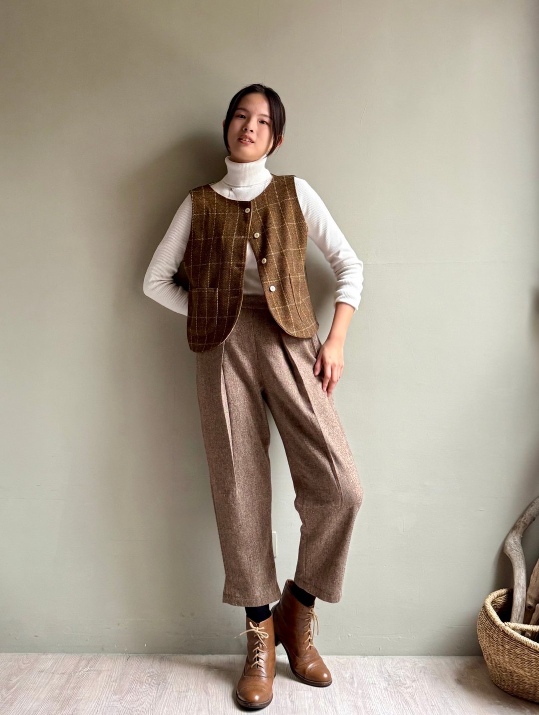 森林小英雄/棕系混色打折裤头毛料 9 分窄管老爷裤/后松紧腰 - 女装长裤 - 羊毛 