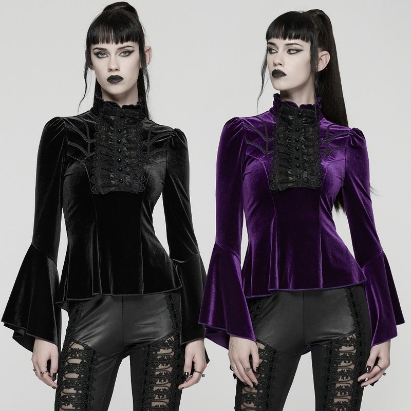 哥德半吸血鬼喇叭袖荷叶上衣 - 黑 / 紫 - 女装衬衫 - 其他材质 紫色