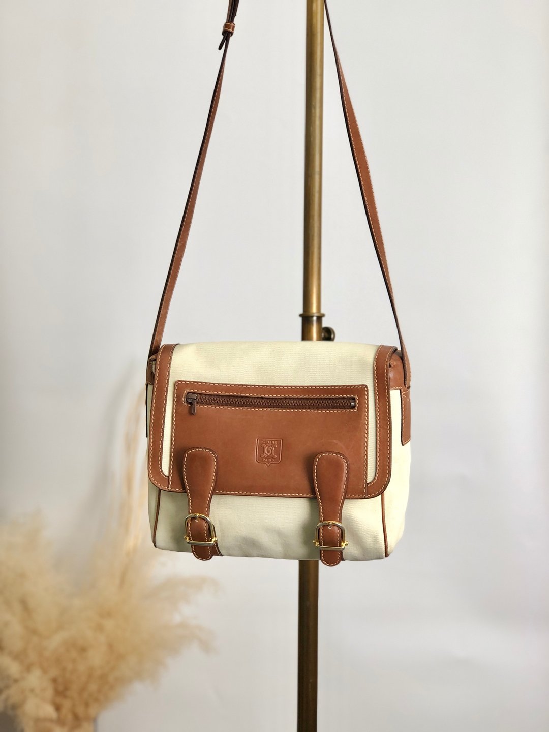 【 日本直送 名牌中古包 】CELINE  સેલિન (CELINE) 侧背包 棕色 白色 压印标志 帆布 皮革 斜背包 ue3evj - 侧背包/斜挎包 - 棉 白色
