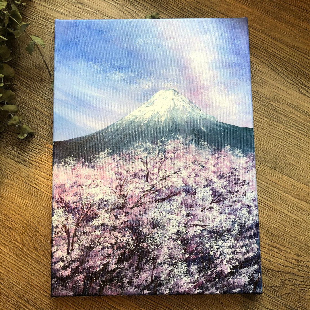 樱花富士山 风景课程 压克力画  生日礼物 情人节  无绘画基础可 - 插画/绘画/写字 - 棉 