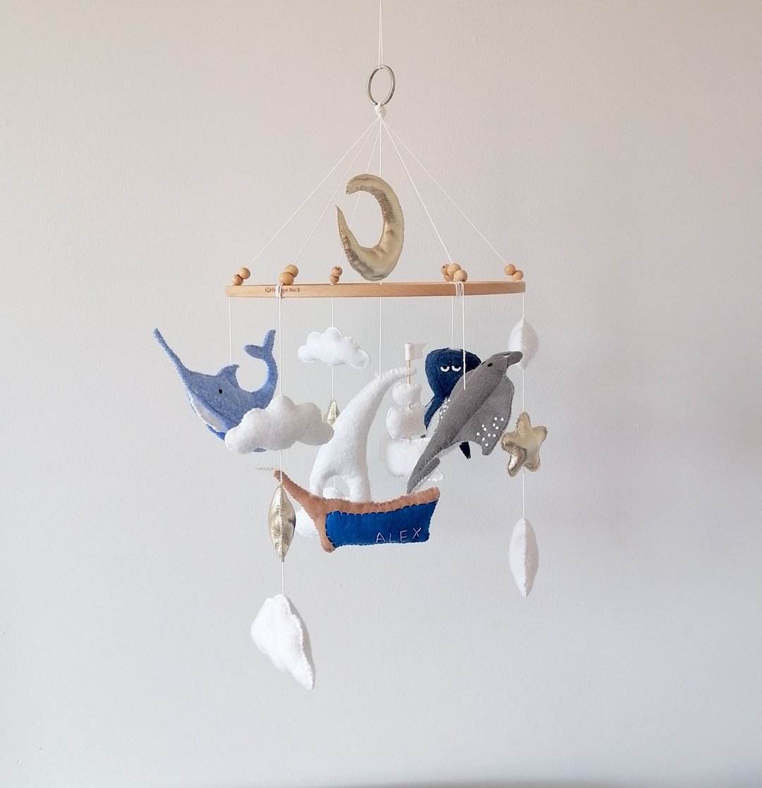 Ocean Ship Mobile For Boy Nursery, Felt Sea Animals Nautical Crib Hanging Mobile - 玩具/玩偶 - 其他材质 
