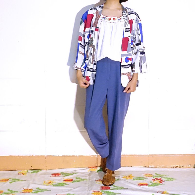 BajuTua/古着/红蓝黑拼贴色块 七分袖罩衫 - 背带裤/连体裤 - 其他材质 蓝色