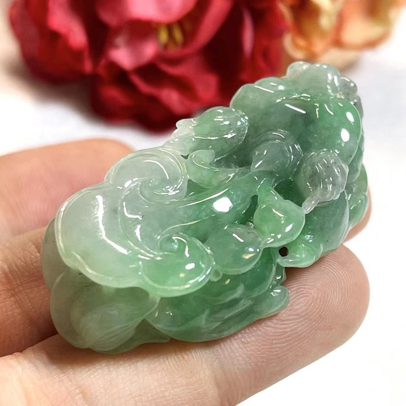 多宝晶石/天然翡翠A货冰绿貔貅吊坠/阳绿貔貅/苹果绿/绿如意貔貅 - 项链 - 玉石 绿色