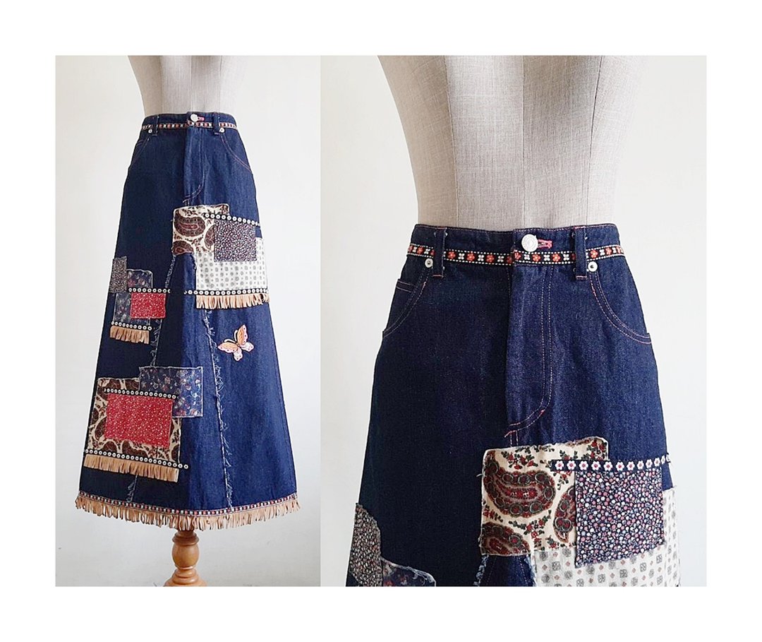 Vintage Navy Blue Denim Maxi Skirt - 裙子 - 棉．麻 蓝色