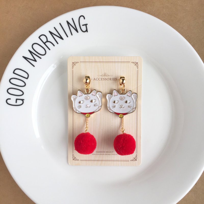 耳針/耳夾 ﹣新年禮物  紅色招財貓可愛毛球耳環動物耳環冬季毛毛球球耳環垂吊耳環垂墜耳環 - 耳环/耳夹 - 羊毛 红色