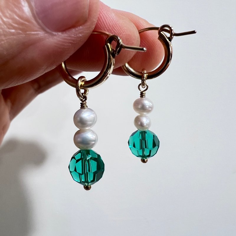 圣诞礼物 天然珍珠 祖母绿绿水晶垂坠耳环 手工设计耳饰 - 耳环/耳夹 - 珍珠 