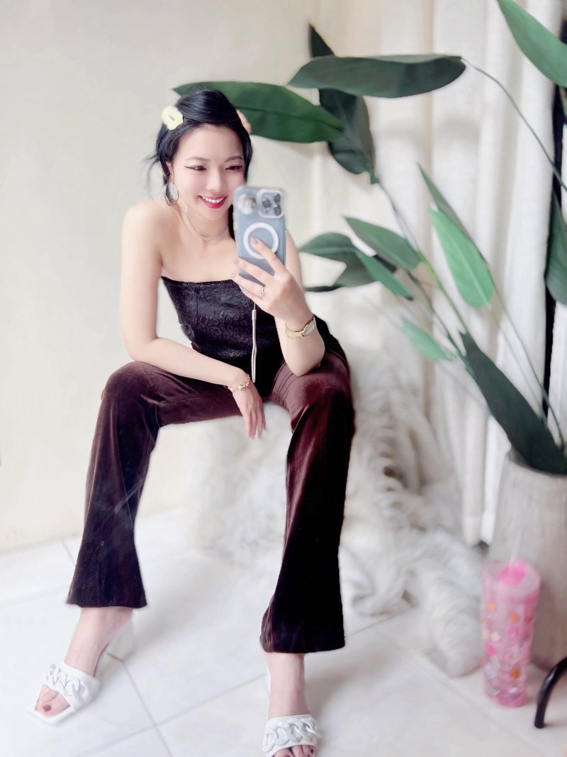 咖茶褐华丽金属光泽 古董古着金丝绒长裤直筒宽裤pants vintage - 女装长裤 - 聚酯纤维 咖啡色
