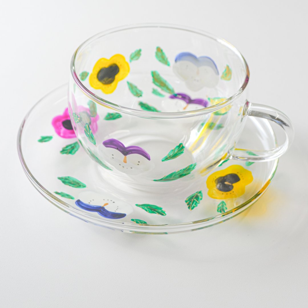 Glass Cup and Saucer Pansy - 茶具/茶杯 - 玻璃 透明