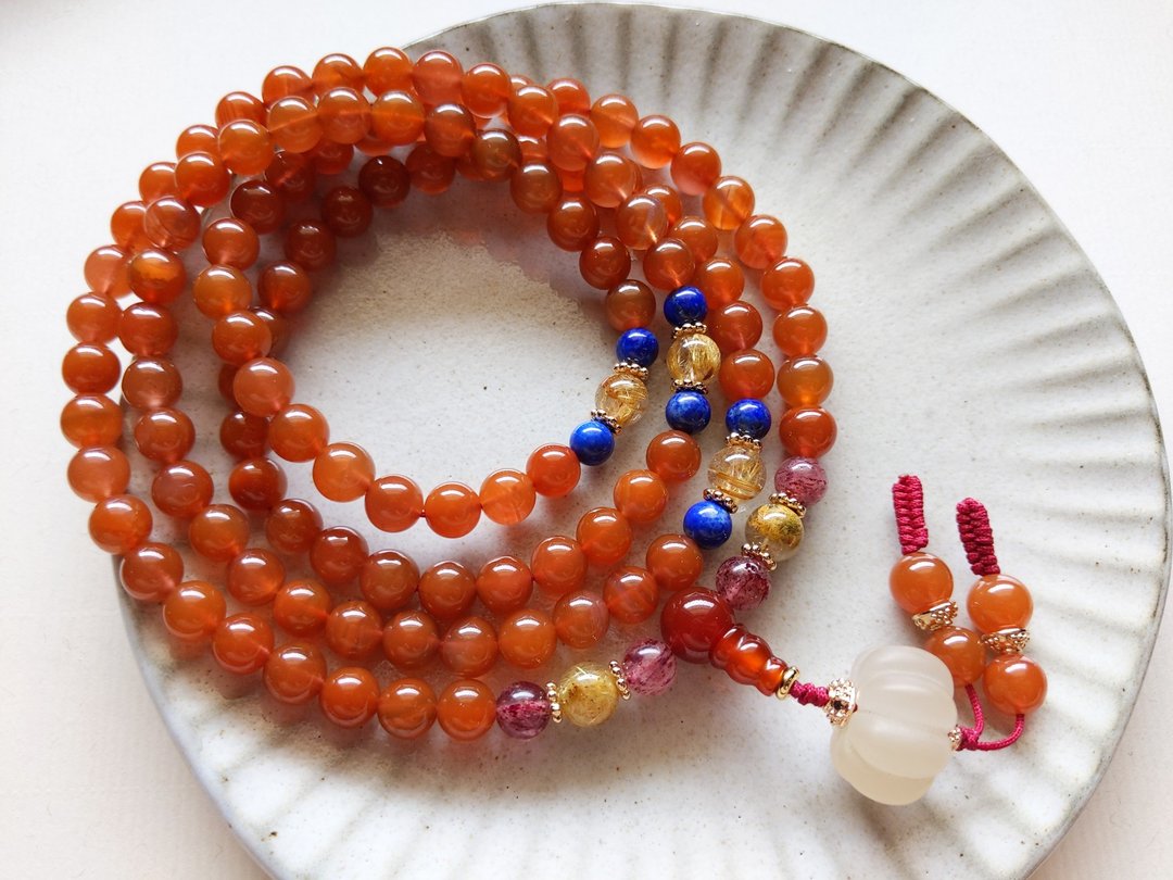 ORLI Jewelry 天然南红玛瑙108颗念珠 柿子红南红玛瑙108颗佛珠 - 项链 - 宝石 红色