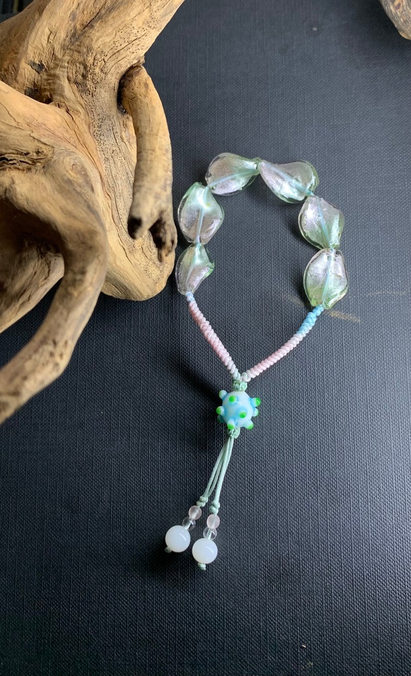 微瑕珍宝莲花蜻蜓眼童趣手作串珠手链 - 手链/手环 - 玻璃 粉红色