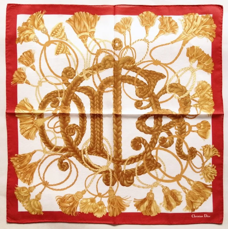古董 Christian Dior 丝巾 绳结 流苏 Monogram CD 标志 21 x 20.5 英寸 - 丝巾 - 棉．麻 红色