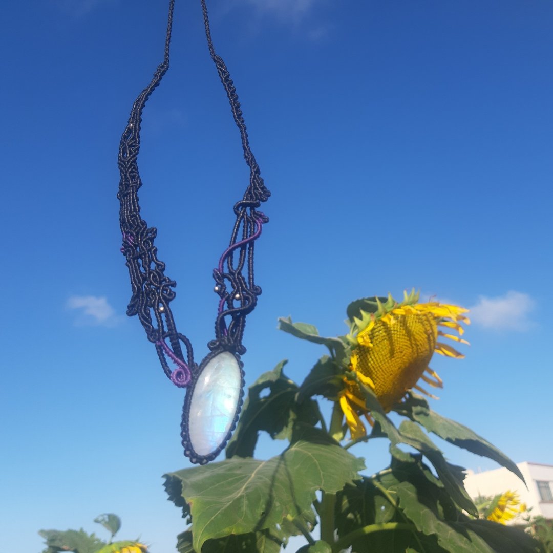 月光石 蜡线编织项链 - 项链 - 宝石 咖啡色