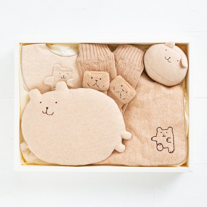礼物组合 XL 熊熊系列 100% 有机棉 围兜 袜套 6 件组 日本制 - 满月礼盒 - 棉．麻 咖啡色