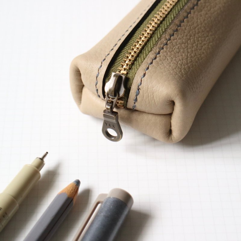 经典款皮制笔袋/收纳包 - 杏色荔枝纹 + 橄榄绿拉链 - 铅笔盒/笔袋 - 真皮 卡其色