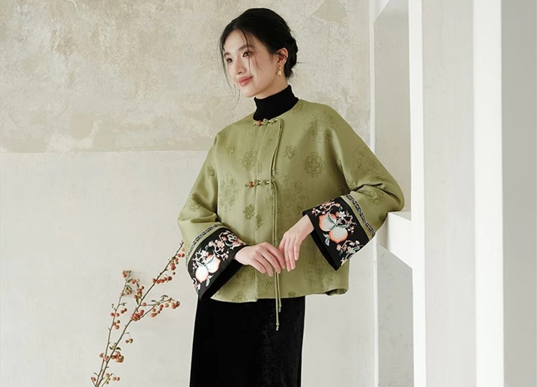 新中式復古中國風 刺绣袖口禅意夹棉茶服 - 女装上衣 - 其他材质 绿色