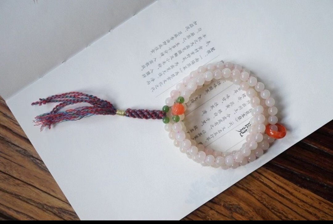 6mm天然和阗玉/和田玉-青海藕粉玉 南红冰红莲花碧玉设计多圈手串 - 手链/手环 - 宝石 粉红色