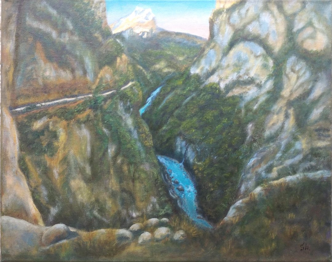 油画高加索山脉墙壁艺术景观峡谷原创艺术 20x16 英寸 - 海报/装饰画/版画 - 其他材质 绿色