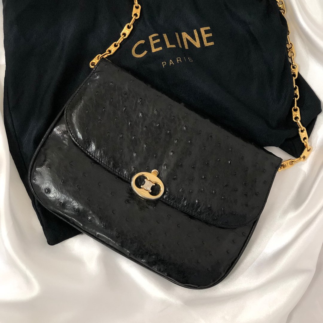 【日本直送名牌二手包】CELINE赛琳鸵鸟凯旋金属配件皮革链条单肩包黑复古6vhygw - 侧背包/斜挎包 - 真皮 黑色
