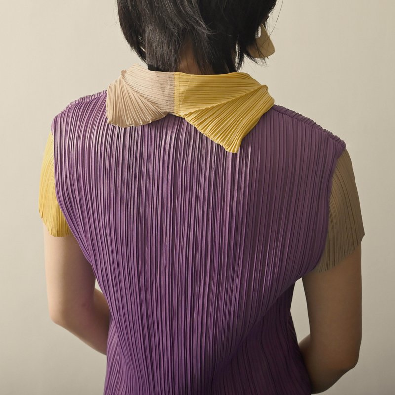 【NaSuBi Vintage】拼色设计压褶短袖古着衬衫 - 女装上衣 - 其他人造纤维 