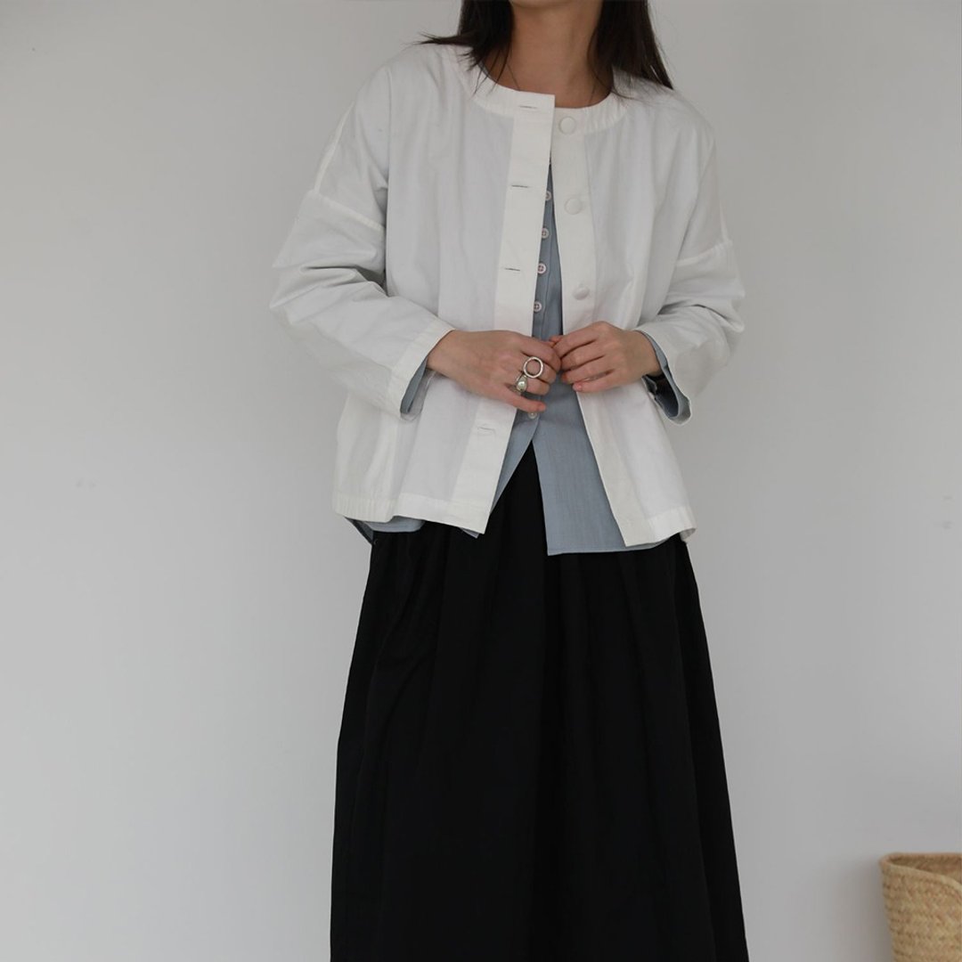 日产水洗棉春季小圆扣无领外套 JP organic cotton coat - 女装上衣 - 棉 白色