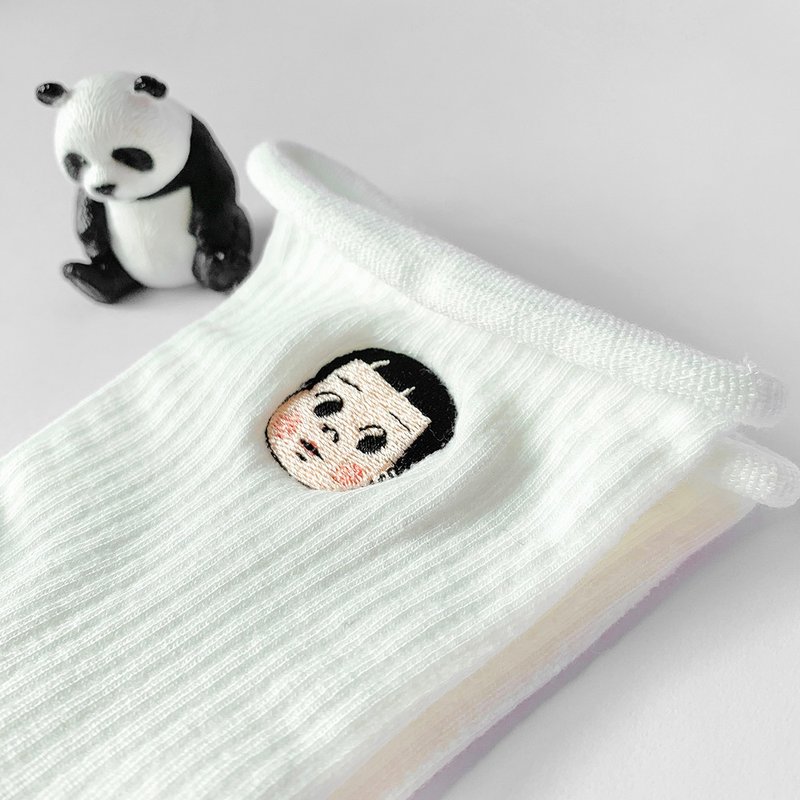 LOGO刺绣长袜  卷边纯棉白色 - 袜子 - 棉 白色