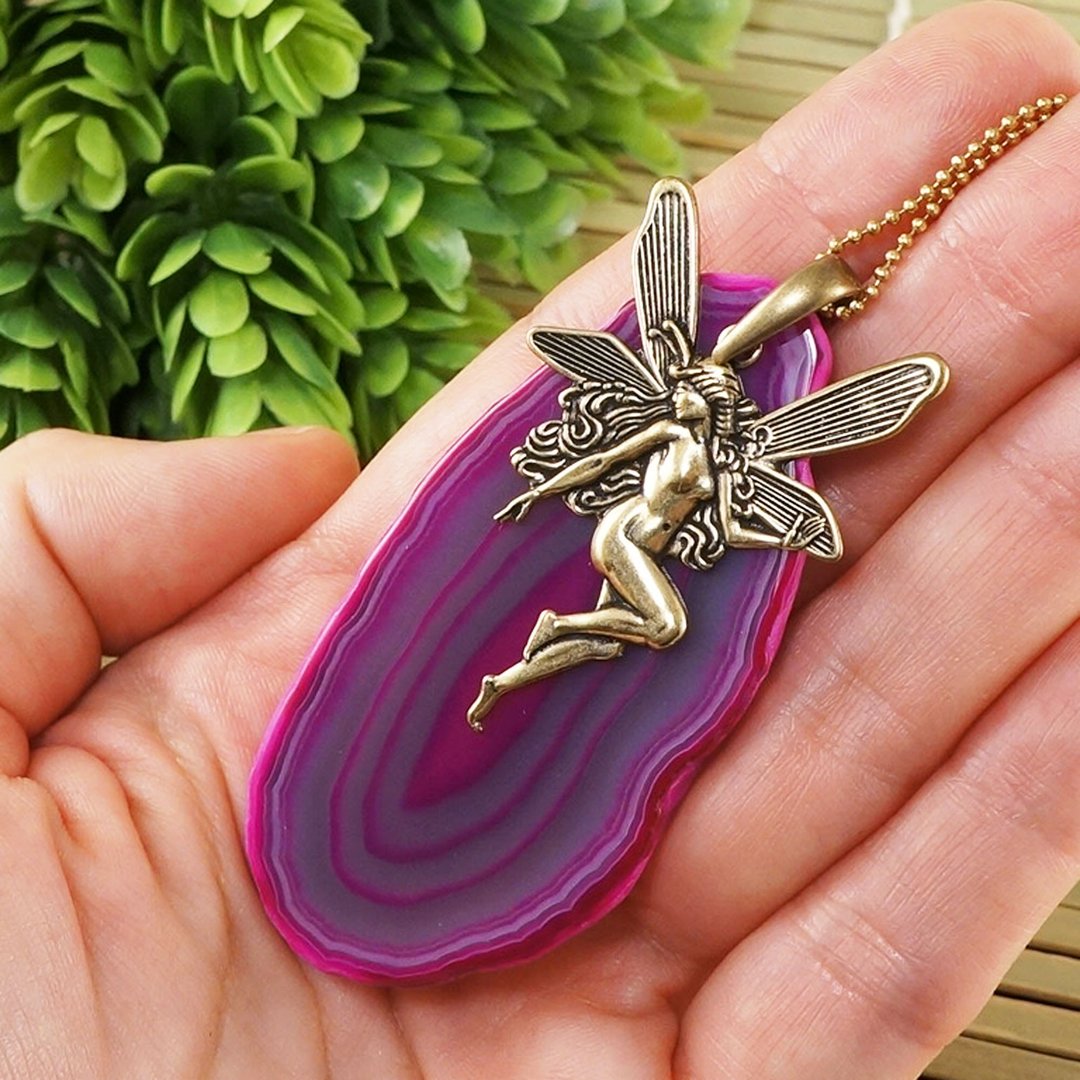 Fairy Agate Slice Necklace Fuchsia Pink Lilac Purple Agate Slab Necklace Jewelry - 项链 - 半宝石 紫色