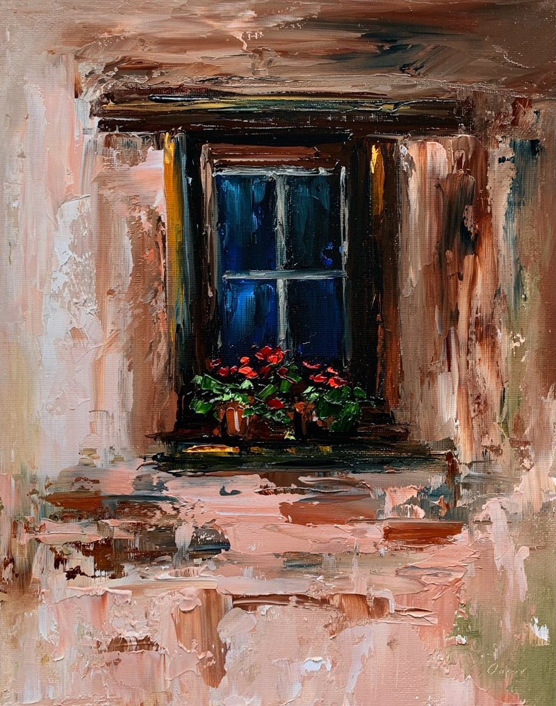 Original Cityscape Oil Painting On Canvas Window Painting Italy Impasto Art - 墙贴/壁贴 - 棉．麻 多色