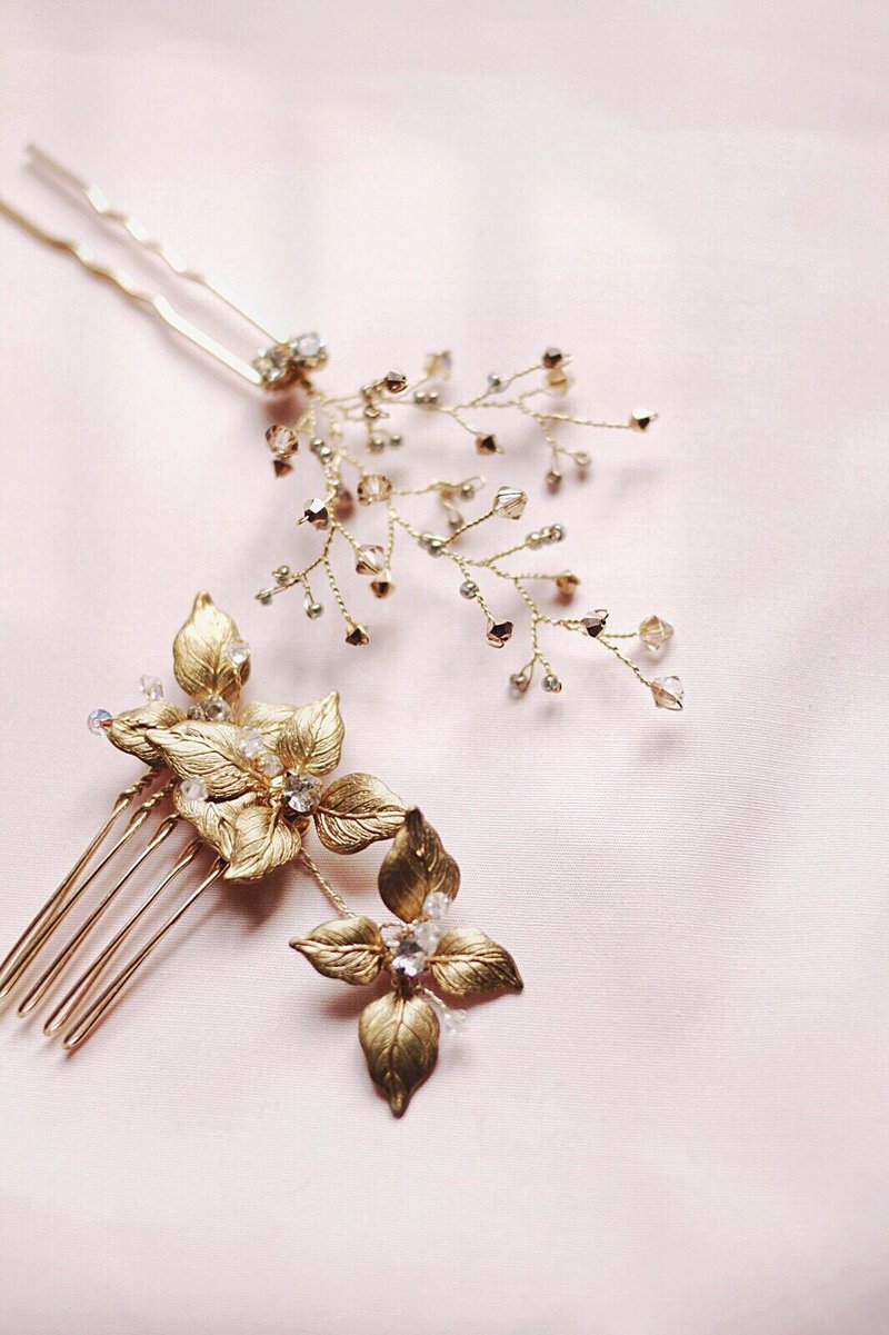 Swarovski复古金新娘发饰(1套2件),闪石发饰,Wedding Headpiece - 发饰 - 水晶 金色