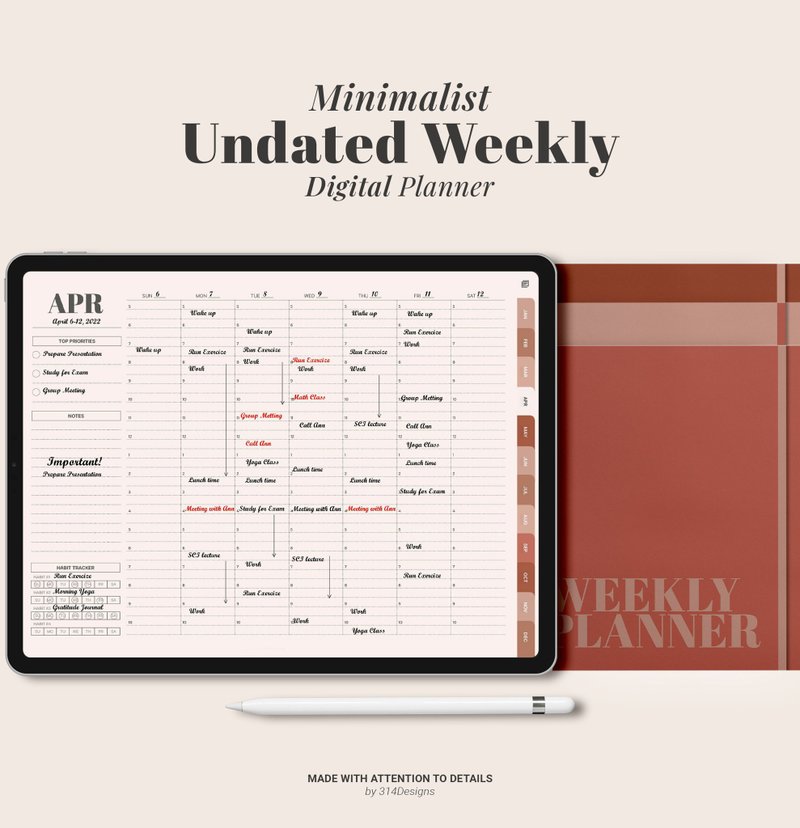 Undated Weekly Digital Planner, Goodnotes ipad Planner, Daily hourly Minimalist - 电子手帐及素材 - 其他材质 