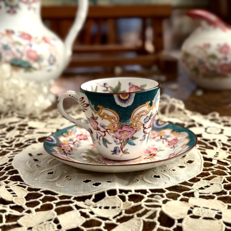 50439-绝美法国古董Sarreguemines Minton 215 手绘咖啡杯与杯托 - 咖啡杯/马克杯 - 瓷 银色