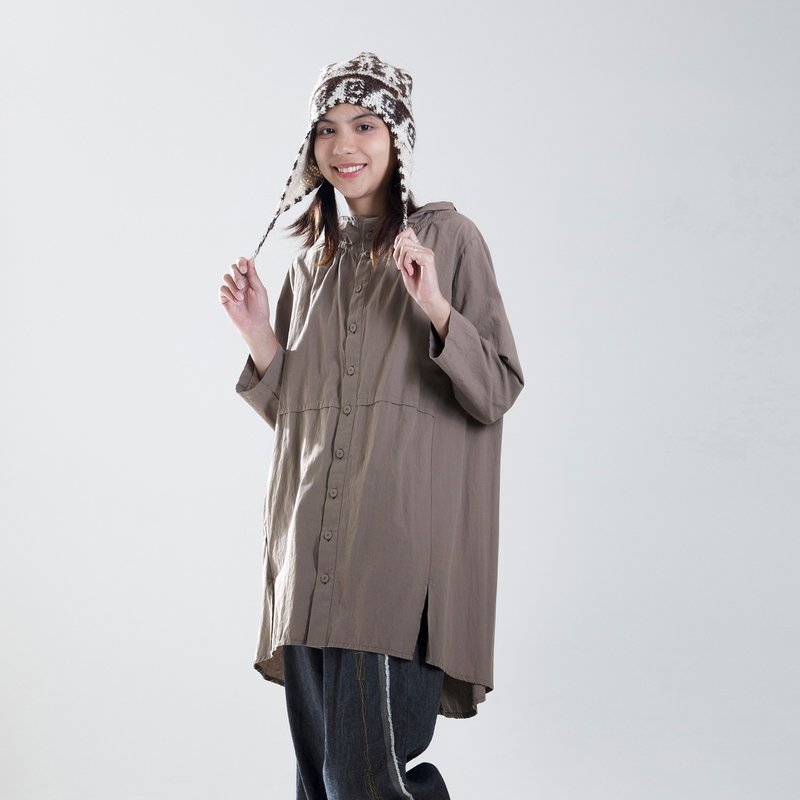 边沿配色连帽长衬衫 - 女装衬衫 - 棉．麻 咖啡色