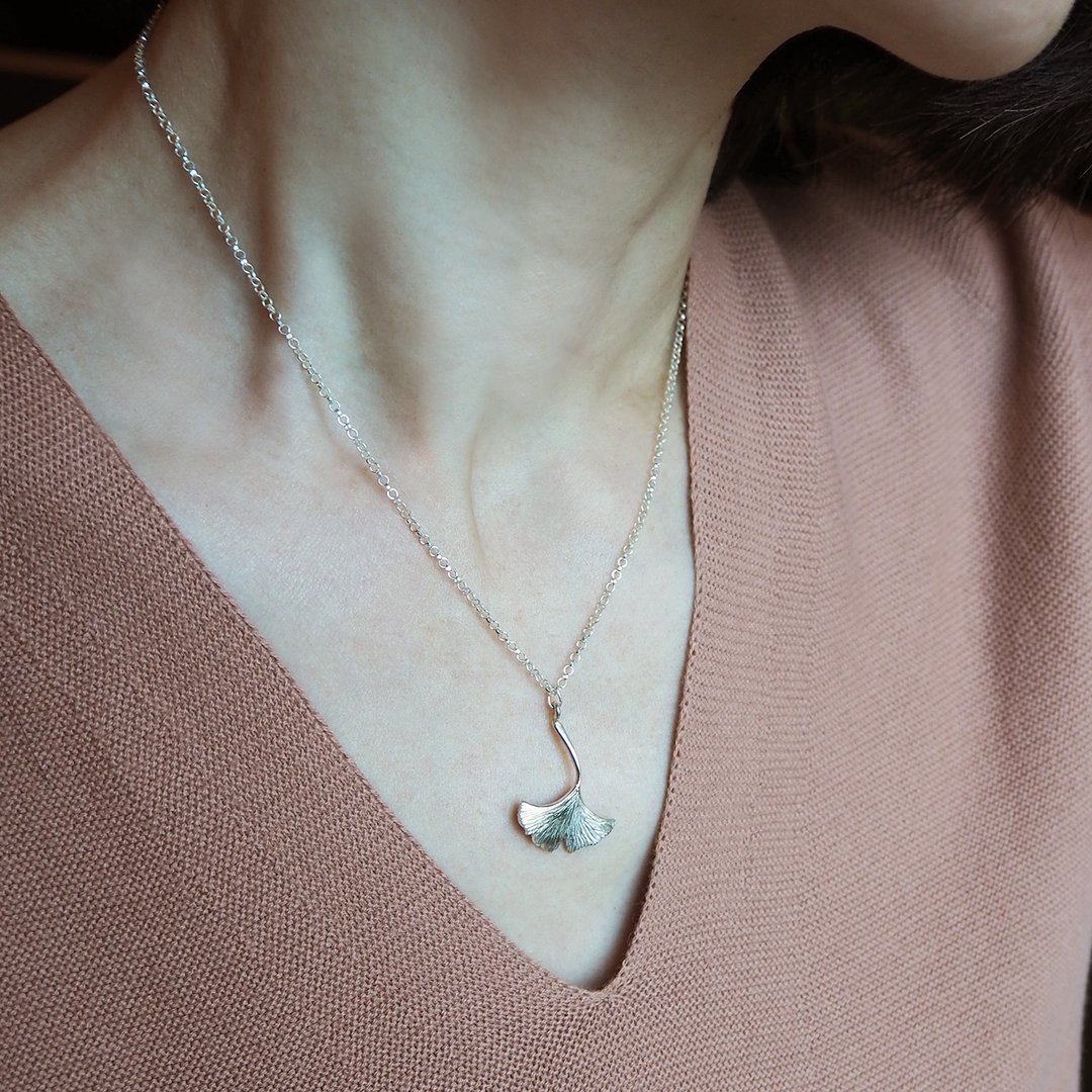 ginkgo necklace_银杏项链 礼物推荐 女朋友 叶子 植物 秋天 情人 - 项链 - 银 银色
