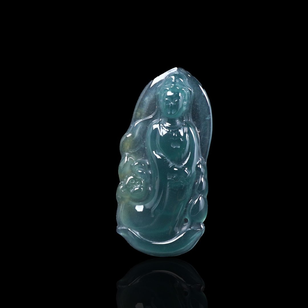 冰种蓝水翡翠观音菩萨项链 | 天然翡翠A货 | 送礼 - 项链 - 玉石 蓝色