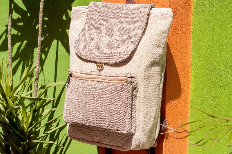 棉麻拼接设计后背包/肩背包/民族登山包/电脑后背包-咖啡森林山丘 - 后背包/双肩包 - 棉．麻 咖啡色