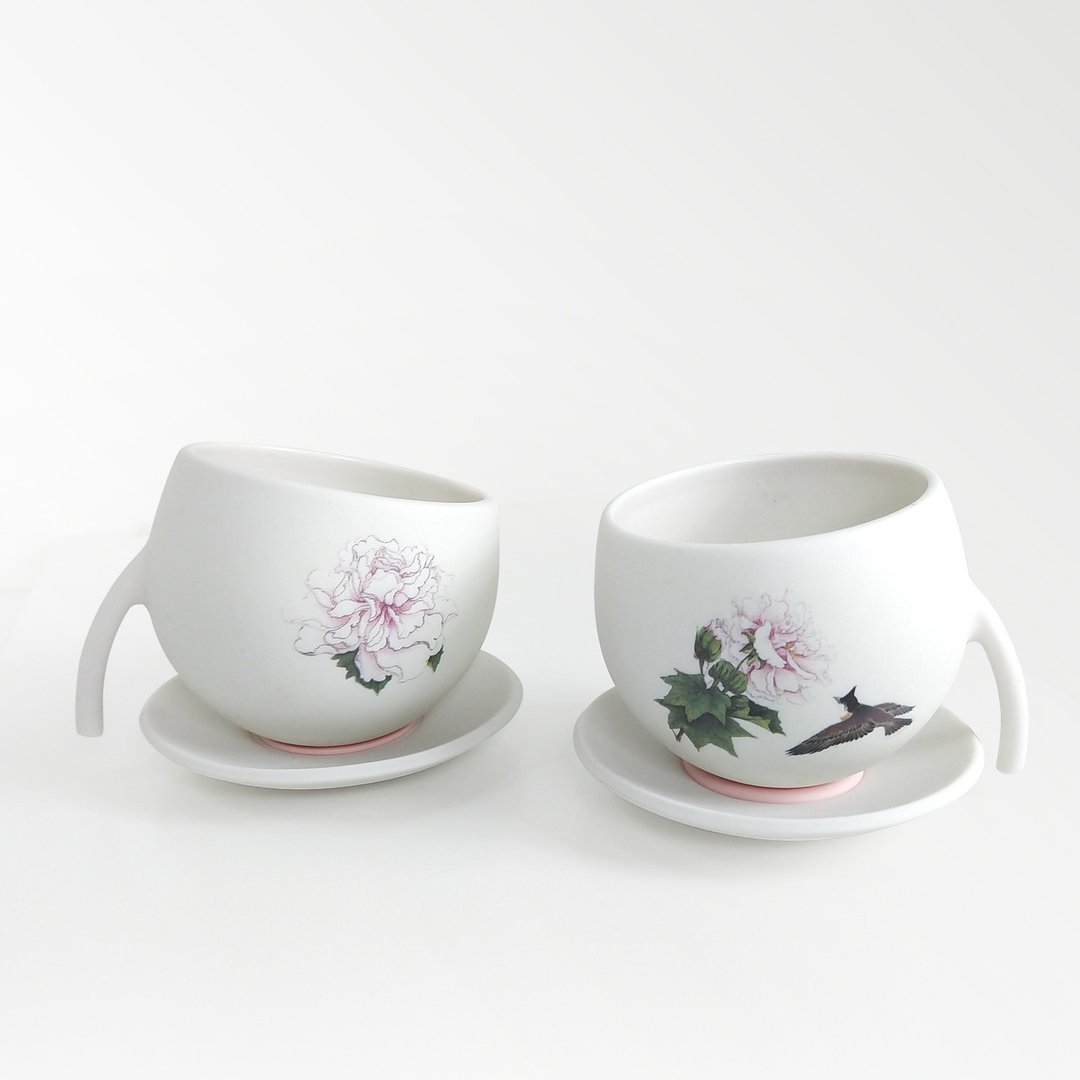 rondo 创意陶瓷品茶对杯 粉芙蓉花茶杯(两入) - 茶具/茶杯 - 陶 白色